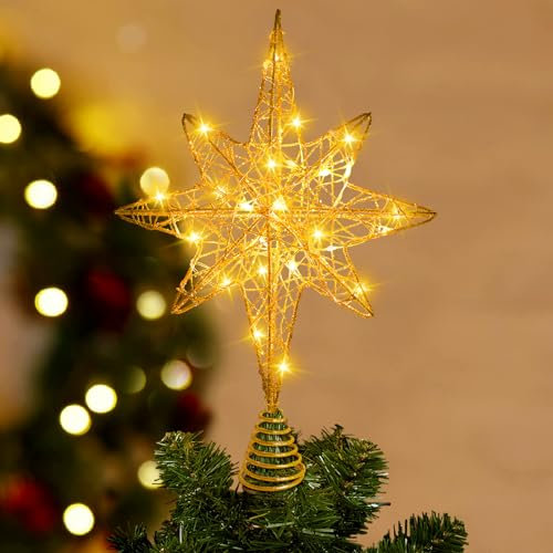 DTYDECLE Christmas Tree Topper Lighted, 13.5’’ Gold Glittered Xmas Hollow Star Treetop Toppers Ornaments with 20 LED Lights for Indoor Christmas Tree New Year Holiday Decorations
