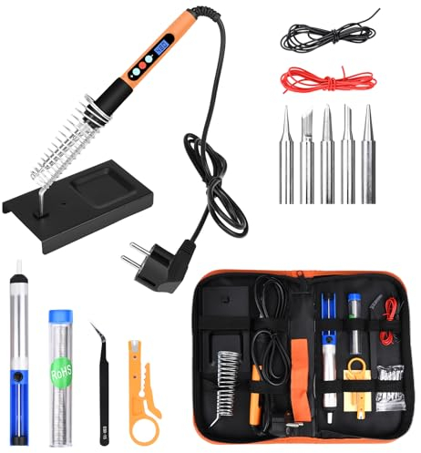 KKMOL Lötkolben Set, 100W LED Lötkolben mit Temperatur Einstellbar 180℃-500℃, 10g Lötdraht, 5 Lötspitzen, Lötkolbenständer, EIN/AUS-Schalter, Lötset für Reparatur des Schweißens 14PCS