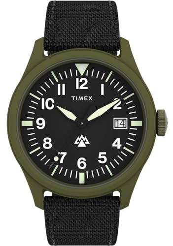 Timex Herren-Armbanduhr Expedition North, 43 mm, schwarzes, umweltfreundliches, zweiteiliges Armband mit Schnellverschluss, schwarzes Zifferblatt, grünes Gehäuse TW2W34400