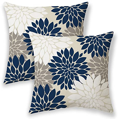Marineblau-weiße Kissenbezüge, 61 x 61 cm, Grau, abstrakte Dahlie, Bauernhaus-Dekorationen, geometrisches Design, Sommer, Outdoor, dekorativer Leinen-Kissenbezug für Couch, Sofa, Zuhause, 2 Stück