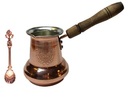 LEO Design Caffettiera turca in 5 misure, piano cottura greco arabo, spesso 3 mm, in rame massiccio martellato e inciso a mano, con manico in legno/ottone (manico in legno, 350 ml)