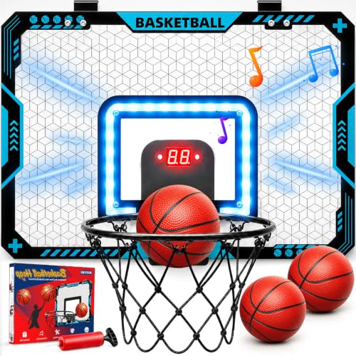 BATURU Over The Door Basketball Hoop for Kids – Indoor Basketball Toy with LED Scoreboard, Lights & Sound, Easy to Hang – Fun Gifts for Boys Ages 6–10