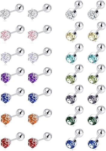 JeweBella 14 Paar Ohrstecker Chirurgenstahl Damen Hypoallergene Medizinische Ohrstecker Set Cubic Zirkonia Ohrringe Silber Geburtsstein Ohrstecker Piercing Knorpel Schlaf Ohrringe für Mädchen Herren