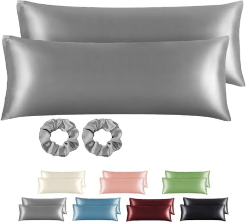 BEDELITE Satin Kissenbezug 2er Set 40x145 Grau | Seidenkissenbezug Alternative, Weich für Sommer, 2 Haargummis inklusive, für Haar und Haut