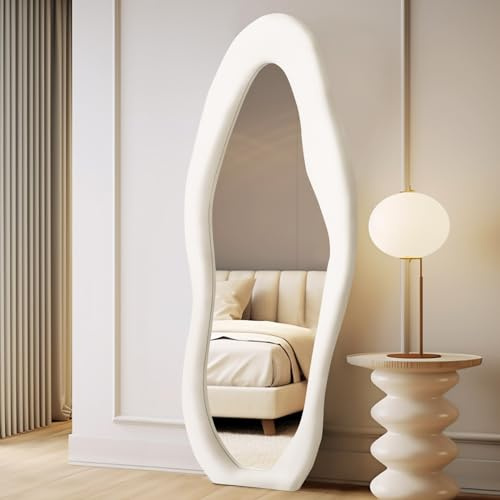 LunaMirror Irregular Wavy Full Length Mirror 160x60 CM Full Body Wall Mounted Floor Mirror with Stand Ivory Flannel Frame Leaning Hanging Wall for Bedroom Entrance