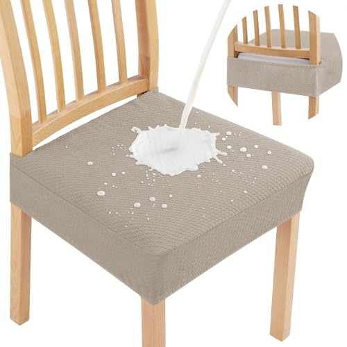 Smiry Waterproof Seat Covers for Dining Room Chairs Set of 4, Stretch Jacquard Removable Washable Chair Seat Slipcovers Protector, No Rear Covers, Taupe