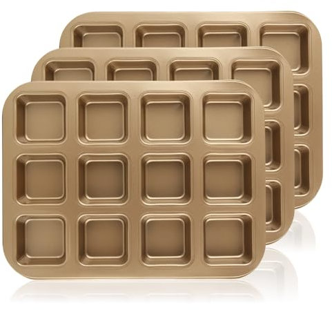 LDXDRU 3 Pack 12 Cavity Brownie Tin, Non Stick Mini Loaf Tin, Carbon Steel Brownie Baking Tray Square Baking Tin Mini Cake Tins for Cookie Chocolate Cake Bread Baking
