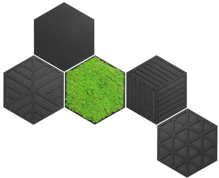 ebenkunst Hexagon 5er Set Minimal Moosbild – Wanddeko aus MDF | Schwarz durchgefärbtes MDF, 5-teilig, ca. 68,6 x 56,6 cm, konserviertes Islandmoos, 6 Farben, Made in Germany