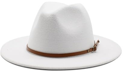 Jiaxu-Hüte Herbst und Winter Wollzylinder Einfarbiger Jazzhut Filzhut mit großer Krempe(Weiß,Medium(56-58cm))