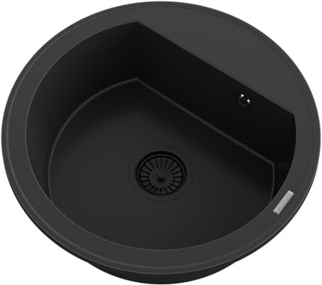 Granitan Lavello Arno rotondo 49 cm – Lavabo per cucina con rubinetto della cucina – Lavello in granito con due fori – Lavello da incasso con sifone – nero profondo (anche nero sifone)