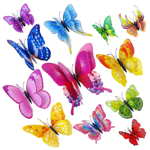 HFZRZFH 24PCS Colorful 3D Butterfly Wall Decor Magnets, Double Layer Design, 12 Unique Styles, 12 Different Sizes, Ideal for Spring Decor, Girls Room, Party, Birthday, Wedding