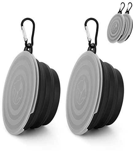SLSON Hopfällbara hundskålar, 2-pack, hundreseskål med lock och karbinhakar, husdjursmatning, vattenskål, bärbar hundmatare för promenader, resor och daglig användning (350 ml)
