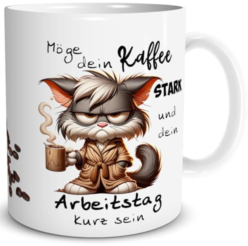 TRIOSK Tasse Katze lustig mit Spruch Möge dein Kaffee stark sein Katzenmotiv Sprüche Geschenk für Katzenliebhaber Frauen Männer Kaffeeliebhaber Büro Kollegen Weiß, Keramik 300ml