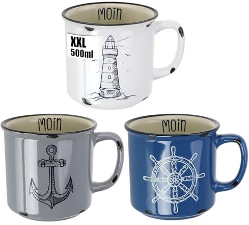 com-four® 3x XXL tasses à café en porcelaine - Tasse à boire de 500 ml - Tasses à café maritimes pour la maison et le bureau - Cafetière pour boissons froides et chaudes (3 pièces - blanc/bleu/gris)