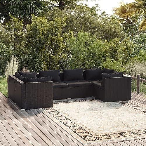 6-TLG. Garten-Lounge-Set mit Kissen Poly Rattan Schwarz,Exklusive GartenLounge aus PolyRattan: Modulares Loungeset für entspannte Stunden im Freien Gartenmöbel