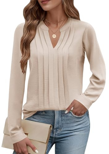 Cuptacc Bluse Damen Blusen V-Ausschnitt Basic Langarmshirt Casual Business Outfit Damen Herbst Aprikose, XXL 50