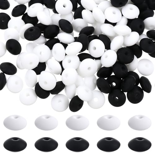 Lot de 200 perles en silicone noir et blanc de 12 mm pour la fabrication de porte-clés, stylos, colliers, bracelets, bijoux, loisirs créatifs