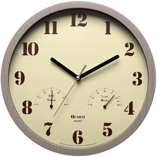 Horloge murale d'extérieur avec mouvement à quartz sans tic-tac, thermomètre et hygromètre pour suivi des conditions météorologiques dans le jardin ou le porche (gris)