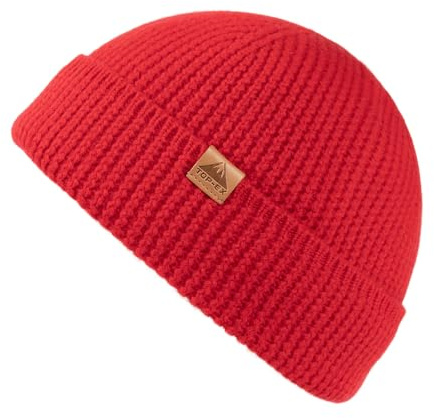 TOP-EX XL/XXL 100% Merino Wolle Fisherman Beanie Herren & Damen Großer Head, Thermo Winter mütze, Unisex Stretchy Weich Wollmütze für Geschenk, Strickmuetze für Ski Running, Signal Rot