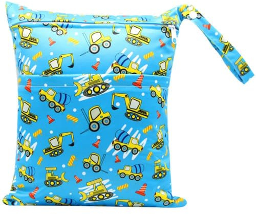 Hixingo wasserdichte Nasstasche, Nasstaschen Nass Trocken Beutel Kinder Wiederverwendbar Wetbag mit Reißverschluss 30x36cm Nassbeutel Kindergarten Wäschesack (Bagger A,2 Stück)