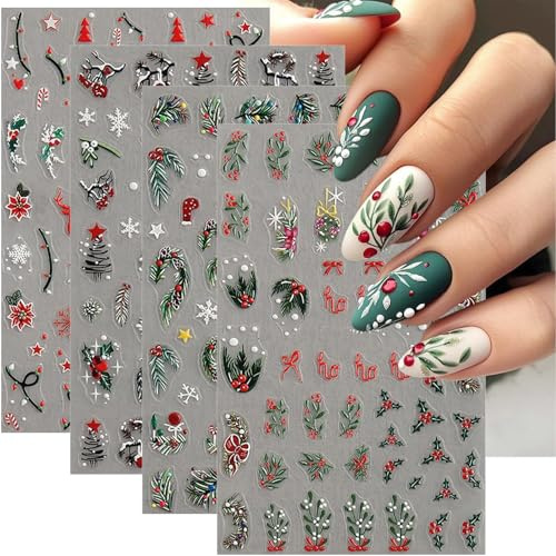 Xanthelle Nagelsticker Weihnachten, 4 Bögen 5D Weihnachtsdeko Nail Sticker, Selbstklebende Nagelaufkleber Winter, Xmas Tree Snowflake Nail Art Supplies
