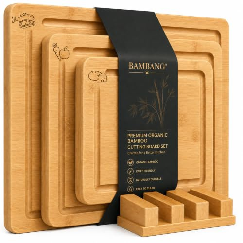 BAMBANG Bamboo Chopping Boards Set of 3 with Stand, Wooden Cutting Boards with Juice Groove, Non-Toxic & Knife-Friendly, Large Medium Small Boards for Kitchen Prep & Serving