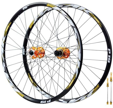 QHYRZE 26 27,5 29 Juego De Ruedas Bicicleta De Montaña Freno De Disco Rueda MTB Ultraligeras Llanta De Aleación De Aluminio 32H Delantera 100mm Trasera 135mm QR, para Cassette 7-12s(Gold,27.5'')