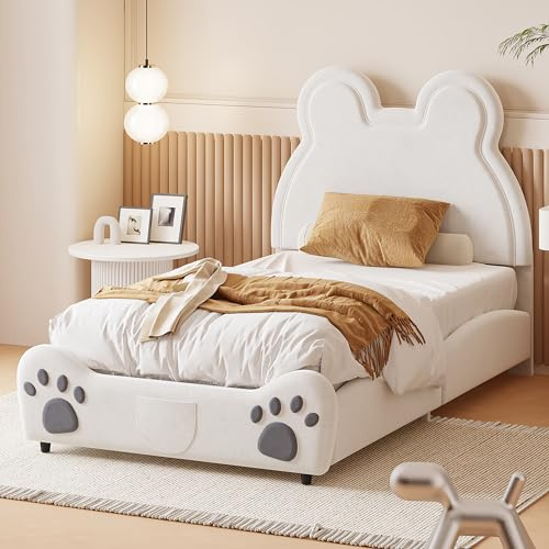 okwish Kinderbett 90x200 cm mit Kopfteil Bärenform, Geeignet für Kinderzimmer und Jugendzimmer, Samtstoff Weiße