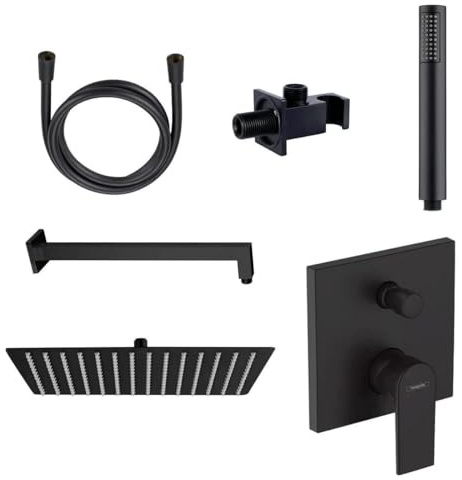 Belvit Hansgrohe Vernis Unterputz Wannenarmatur Set, Schwarz | Komplettes Duschset, Regendusche 30x30 cm, Handbrause, Brausearm und Duschschlauch, Ohne iBox
