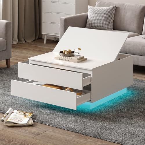 KEEPREAPER Couchtisch LED mit 2 Schubladen aufklappbar Tischplatte Weiß | Wohnzimmertisch Beistelltisch für Wohnzimmer 78x78x40cm