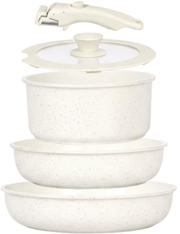 Asnews 5-Teilig Topfsets & Pfannenset mit abnehmbarem Griff, Antihaft Kochgeschirr Set Induktion, Stapelbar Topfset & Ofenfest, Ideal als Camping Kochgeschirr, PFOA-Frei, Beige