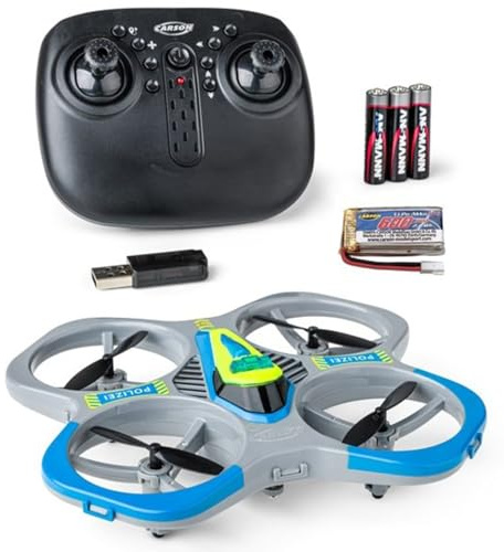 Carson Cyber Drone Polizei 2.4G 100% RTF - 100% flugfertig, Ferngesteuer; RC, inkl. Batterien und Fernsteuerung, Quadcopter für Kinder, Spielzeug,Grau