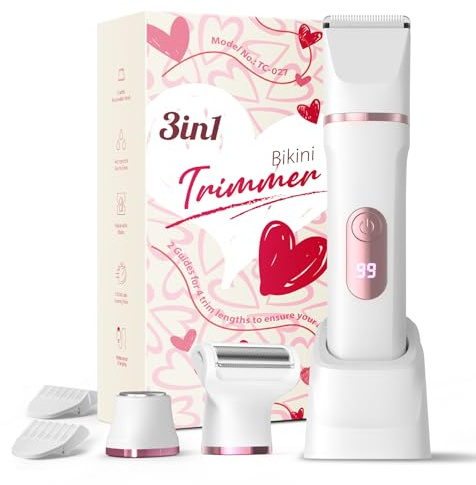 Lady Shavers for Women,3-in-1 Bikini Trimmer Woman, LED Display, Razors Women, IPX7 Waterproof Wet & Dry, Pubic Hair Trimmer, Ceramic Blade, USB Charging Dock, Moonlight White