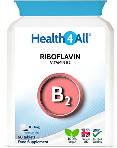 Health4All Vitamin B2 Riboflavin 100mg 60 Tablets - Energy, Stress and Migraine Support, Contributes to Reduction of Tiredness & Fatigue, Vegan, Gluten-Free Vitamin B2 100mg Supplement | Made in UK