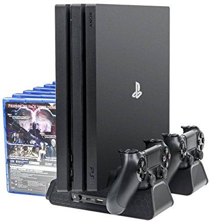 Megadream, supporto verticale per PS4, 12 dischi, torre di gioco, stazione di ricarica con doppio controller, supporto di raffreddamento con hub di espansione USB per Sony Playstation PS4, PS4 Slim