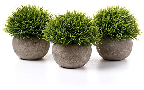 T4U Künstliche Pflanzen Grün Graspflanzen Kunstpflanze mit Grauen Topf, Klein Kunstpflanze Sukkulenten Künstlich Deko Fake Plant für Hochzeit Büro Zuhause Wohnung Dekoration, Grün 3er Set