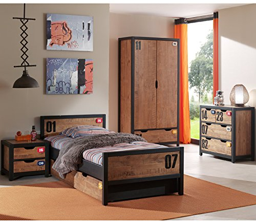 Lomadox Jugendzimmer Komplettset massiv in cognacfarbig, schwarz mit Einzelbett 90x200, Nachttisch, Bettschublade, 2-türiger Kleiderschrank und Kommode