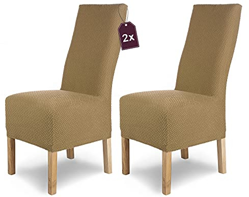 Scheffler Home Stuhlhussen Beige 2er Set Elastisch Luna-lang | Feine Microfaser-Stretch Stuhlbezüge, waschbar und pflegeleicht, für Hochlehner, Polsterstühle und Esszimmerstühle