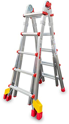 Faraone TELES T5A VERSIONE 2025 - Scala telescopica H4,71 metri multiuso 5+5 GRADINI con allargatori, gancio portascala, protezione saldatura gradino rossa e kit di tappi di ricambio
