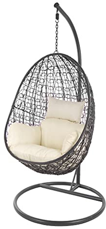 KIDEO Komplettset: Hängesessel mit Gestell & Kissen, Korbsessel, Poly-Rattan (Gestell- und Korbfarbe: dunkelgrau, Kissen: Elfenbein Nest (0050_Ivory)