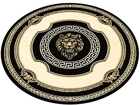 Belle Arti Runder Designer Teppich Wohnzimmer Schlafzimmer Rund Kurzflor in Schwarz Gold 150 Durchmesser Löwe Mäander Design - Anti-Rutsch antiallergisch weich flauschig 100% Viskose - 150x150, Rund