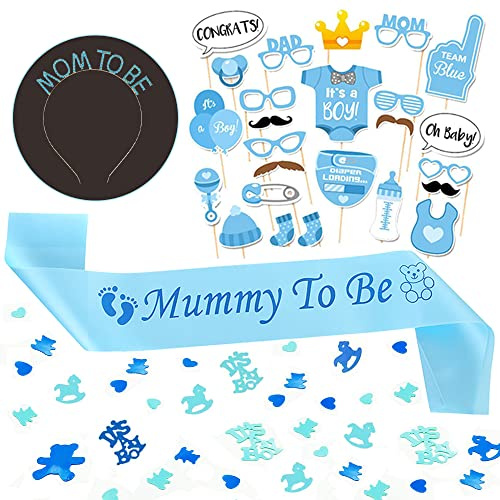 Blau Baby Shower Deko Set, Junge Babyparty Dekoration, Its a Boy Konfetti Für Baby Party, Mom To Be Krone, Mummy To Be Schärpe, 25 Stück Jungen Fotobox Accessoires
