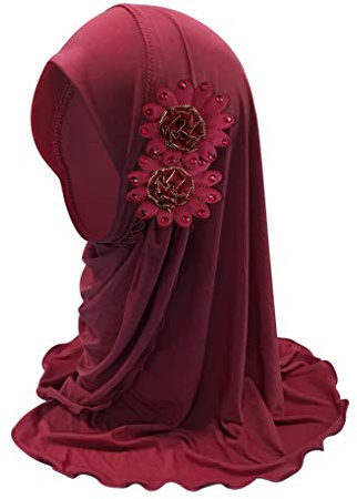 Girls Muslim Hijab Floral Lace Head Scarf Islamic Arab Scarf Shawls Head Wrap with Flowers Rhinestones for Girls