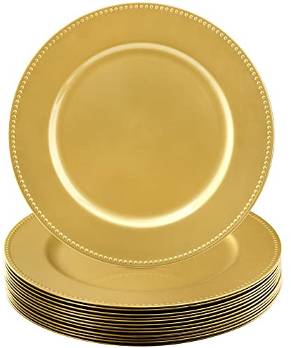Okllen 12 Pack Plastic Gold Charger Plates, 13 Round Beaded Charger Plates for Wedding, Catering Event, Tabletop Decor