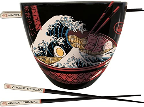 Pyramid International Vincent Trinidad - Juego de ramen con cuenco y palillos (diseño Great Wave), cuenco de cerámica de 18 onzas, par de palillos de madera lacada, producto oficial (GP85782)