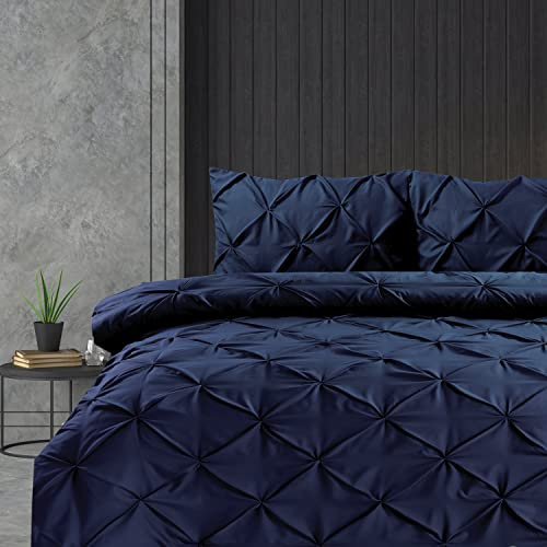 Linen Home Påslakanset med veck i super king size, påslakan för dubbelsäng i mjuk mikrofiber, 2 örngott, linne, lättskött, skrynkelfritt 3-delat set (marinblå, bäddset i super king size)