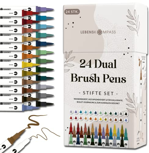 LEBENSKOMPASS Brush Pen Set mit 24 wasserbasierten Dual Brush Pen Stiften - Pinselstifte für: Malbuch für Erwachsene, Handlettering, Kalligraphie & dein Bullet Journal