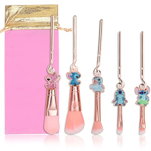 shengo Stitch Eyeshado Lot de 5 pinceaux de maquillage avec sac de rangement pour poudre, fard à paupières, blushes, lèvres, cadeaux Kawaii Stitch pour fille et femme