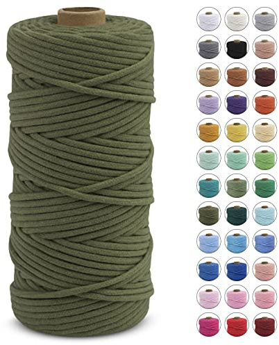 LEREATI Makramee Garn 3mm x 100m, Makramee Garn Geflochten Farbig Baumwollkordel, Baumwollseil, Baumwollgarn, Dicke Baumwollschnur für Wandbehang, Hängepflanze, Hochzeitsbogen Deko (Armeegrün)