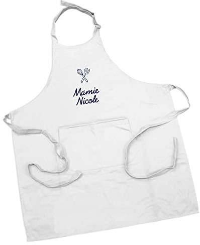 Amikado Tablier de cuisine à personnaliser 100% coton bio - Broderie prénom, motif - Plusieurs couleurs - Idée cadeau personnalisé (Blanc)